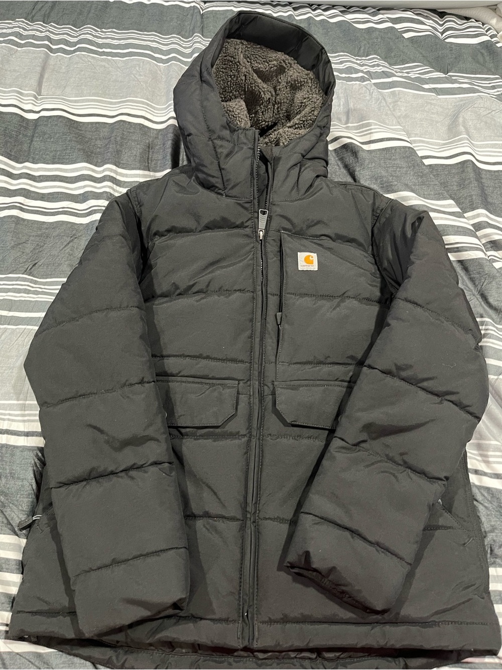 Carhartt Women Black Hooded rain defender Puffer Jacket with Sherpa Lining